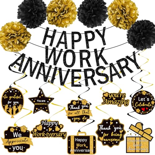 Image of Happy Work Anniversary Decorations Black Gold, Happy Anniversary Banner for Employee, Work Anniversary Workiversary Decorations for Party, We Appreciate You Office Party Decorations