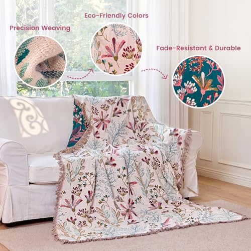 Image of MSGKV Boho Throw Blanket 60 inchx80 inch 100% Cotton Floral Blanket for Couch Bed