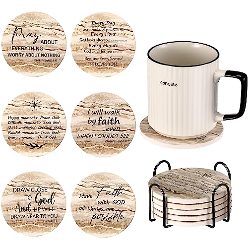 Dandat SES-DANDAT-209 12 Pcs Christian Coasters For Drinks With Bible Verses Christian Drink Coasters With Cork Backing Absorbent Coasters For Coffee Table With Holder Funny Ceramic Bar Coasters cover