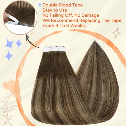 Image of Full Shine Genius Weft Hair Extensions, Medium Brown Honey Blonde 18 Inch | 90g 4 PCS, Invisible Tape in Hair Extensions Human Hair, Hand Tied Weft, Thin Base, Natural Movement, Wedding Hairstyles