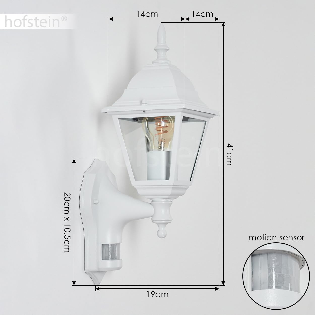 Zewnętrzna lampa ścienna Naofe, lampa ścienna z czujnikiem ruchu wykonana z metalu/szkła w kolorze białym/przezroczystym, lampa ścienna, lampa zewnętrzna na taras, E27, bez żarówki