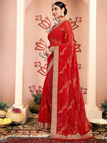 Image of Satrani Women's Georgette Embroidery & Stone Work Saree with Unstitched Blouse Piece