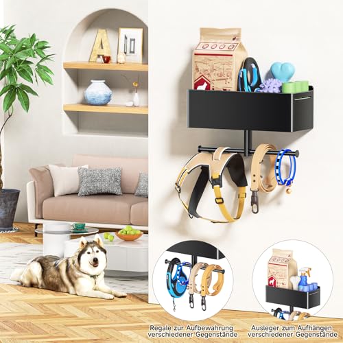 YYBO Hundegarderobe mit ablage, Hundeleinen Halterung Wand, Hunde Garderobe für Hundezubehör Hundeleine, Hundespielzeug & Halsband Aufbewahrung, Metall Schlüsselbrett (Schwarz)
