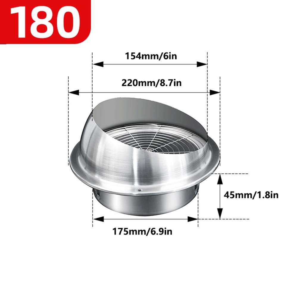 Rejilla de Ventilación Exterior, 150/160/180/200 mm, Acero Inoxidable, Redonda, Campana de Ventilación, Malla Metálica, Campana Extractora, Conducto de Ventilación de Climatización(180mm/7inch)