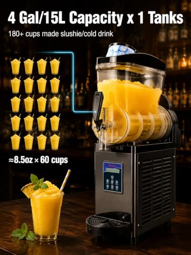 Image of Commercial Slushie Machine 4gal /15L Compact Frozen Drink Maker for Cafes, Small Businesses & Home Use, 450W, 60 Cups Stainless Steel