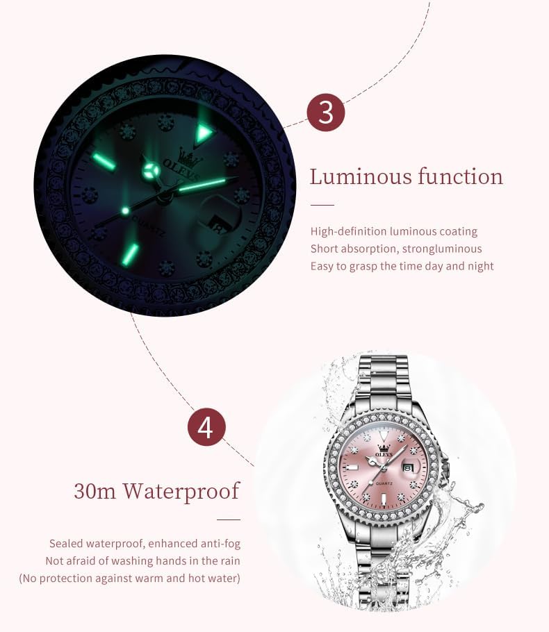 Miniatura 6 de OLEVS Relojes para mujer diamante con fecha de lujo de cuero femenino impermeable reloj de pulsera analógico de acero inoxidable reloj de mujer