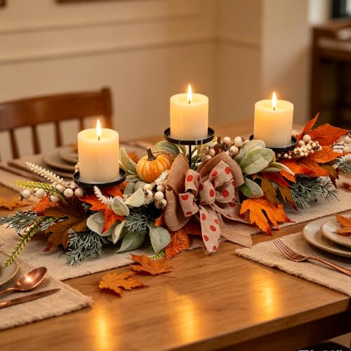 Image of Fall Pumpkin Wreath Candle Holder Centerpiece Thanksgiving Decoration Autumn Wreaths