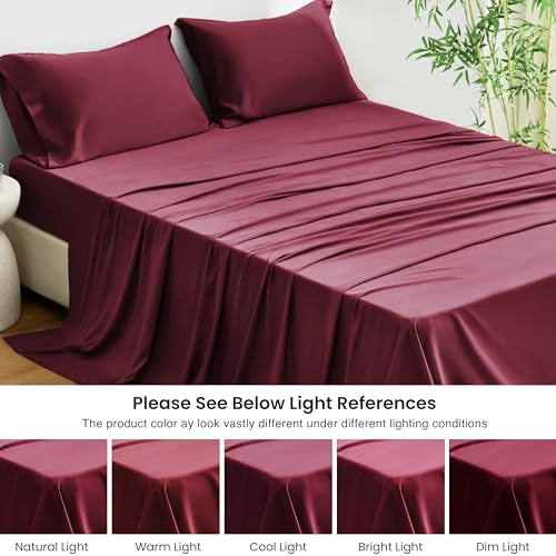 Image of Love's cabin 3 Piece Twin Sheet Set, 100% Rayon Derived from Bamboo, Cooling & Breathable, Soft Silky Deep Pocket up to 16 inch, Hotel Luxury Bedding for Hot Sleepers, Burgundy