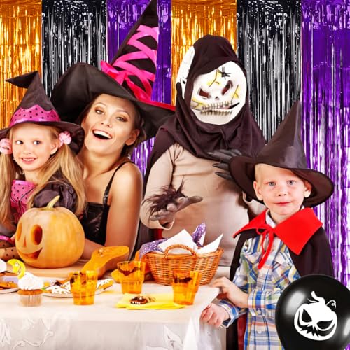 Image of TONIFUL 2Pcs Orange Purple Black Metallic Tinsel Foil Fringe Curtains,3.28ft x 6.56ft Halloween Photo Booth Backdrop Streamer,Photo Props,for Party Door Wall Curtains Wedding Birthday(6.6ft x 6.6ft)