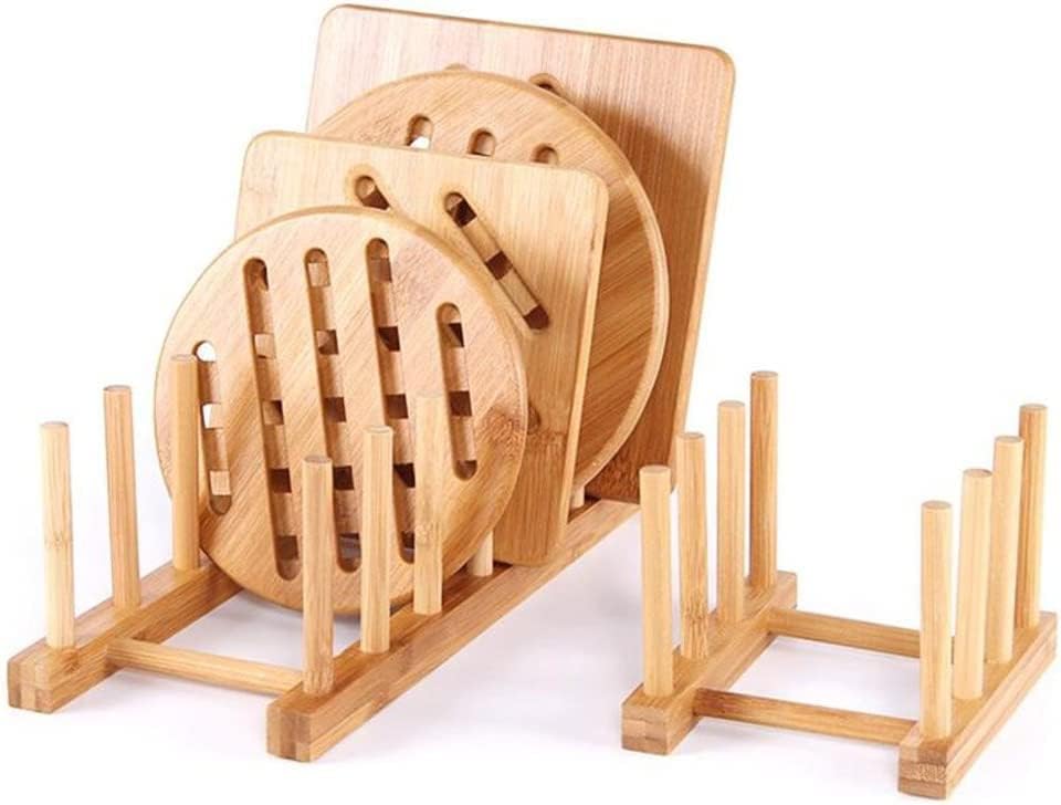 Miniatura 7 de YWSHF 2 piezas de estante de bambú y madera para secar platos, bandeja de drenaje, soporte para almacenamiento, organizador de gabinete de cocina