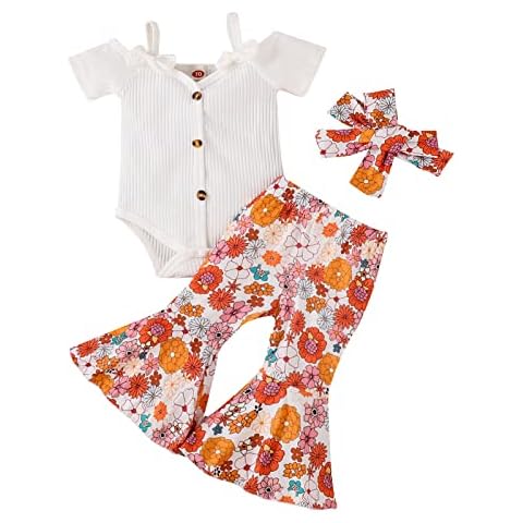 Fernvia Infant Baby Girl Clothes Suspenders Short Sleeve Ribbed Romper Flared Pants Set Headband 3pcs Summer Outfit Cover