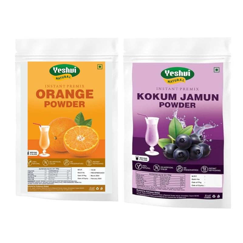 Yeshvi NATURAL Orange & Kokum Jamun Fruit Juice Powder, Instant Mix Drink for Diabetes Control, Purify Blood, Easy to Make Beverage, 6 Serving Glass for juice, 200gm