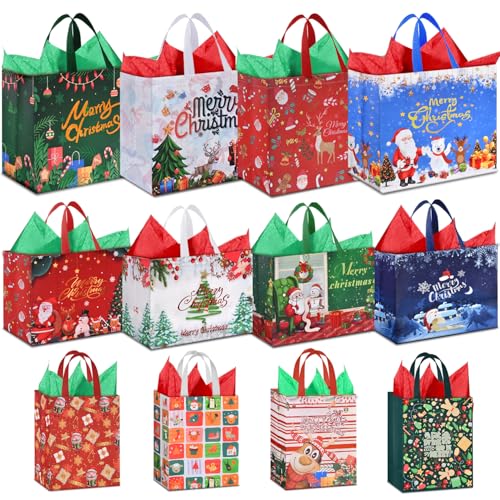 AhfuLife 12Pcs Christmas Bags with Tissue Paper, Reusable Christmas Tote Bags with Handles, Includes 4 Extra Large 15.7"