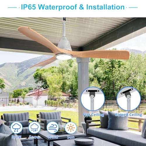 Image of Depuley Outdoor Ceiling Fan with Lights: 52 inch Silver Gazebo Fans Outdoor Hanging with Remote APP Control - Plug in Waterproof Fans with Light for Patio Porch Reversible Wood Blades 3CCT 6 Speeds Timer