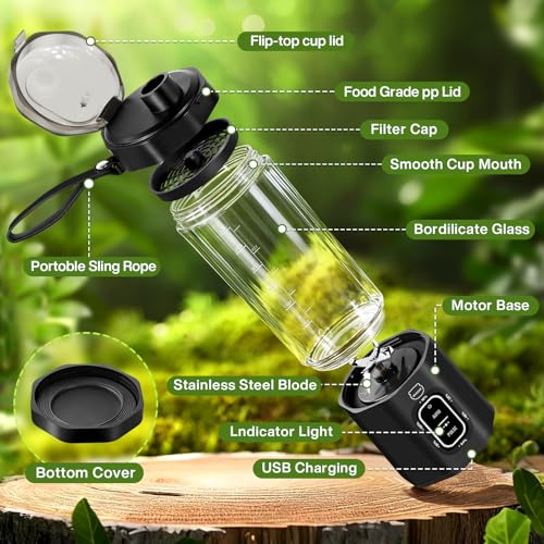 MIAOKE Tragbarer Smoothie-Mixer, 700 ml wiederaufladbarer persönlicher Mixer, Enthält sowohl Automatik- als auch Pulsfunktionen, mit Reisebecher und Deckel, 6 scharfe Klingen, Küchenmaschine, Schwarz