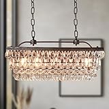 Elegant Raindrop Faceted-Glass Crystals Rectangular Chandelier 30', Vintage Ceiling Light Fixture for Dining Room, Bedroom, and Bathroom, Stylish Lighting for Home Interiors