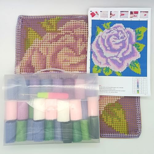 Image of Howie's Latch Hook Kit, DIY Purple Rose Pillow Crochet Yarn Kits for Adults, Color Preprinted Pattern Embroidery Sofa Cushion Cover (Purple Rose, 16.93 x 16.93 inch)