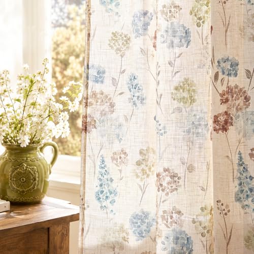 Image of jinchan Floral Linen Curtains 96 Inch Vintage Cottagecore Back Tab 2 Panels