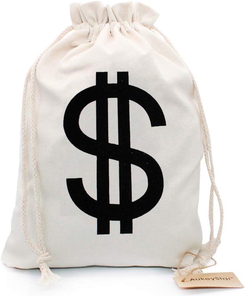 AukeyStar Large $ Canvas Natural Money Bag Pouch with Drawstring Closure and Dollar Sign Design for Toy Party Favors, Bank Robber Costume Cowboy Pirate Theme, Money Sack Coin Bag, 19 x 14 inches