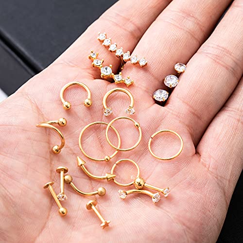 Revolia 32Pcs Stainless Steel Cartilage Stud Earrings For Women Girls Conch Helix Tragus Daith Conch Hoop Earing Piercing Jewelry Set Gold #TOP6