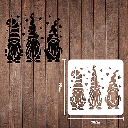FINGERINSPIRE 3 Gnomes Stencils Decoration Template 30x30cm Plastic Gnome with Hats Drawing Painting Stencils Square Reusable Stencils for Painting on Wood, Floor, Wall and Tile