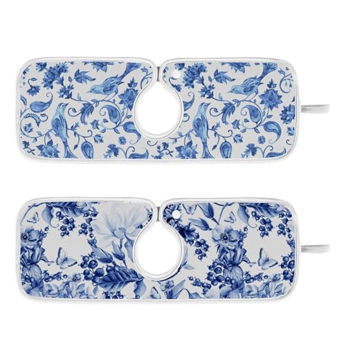 Tatenale Sink Mat for Faucet Sink Splash Guard Faucet Handle Drip Catcher for Kitchen Bathroom Absorbent Microfiber Dish Drying Mat Blue and White 2pcs