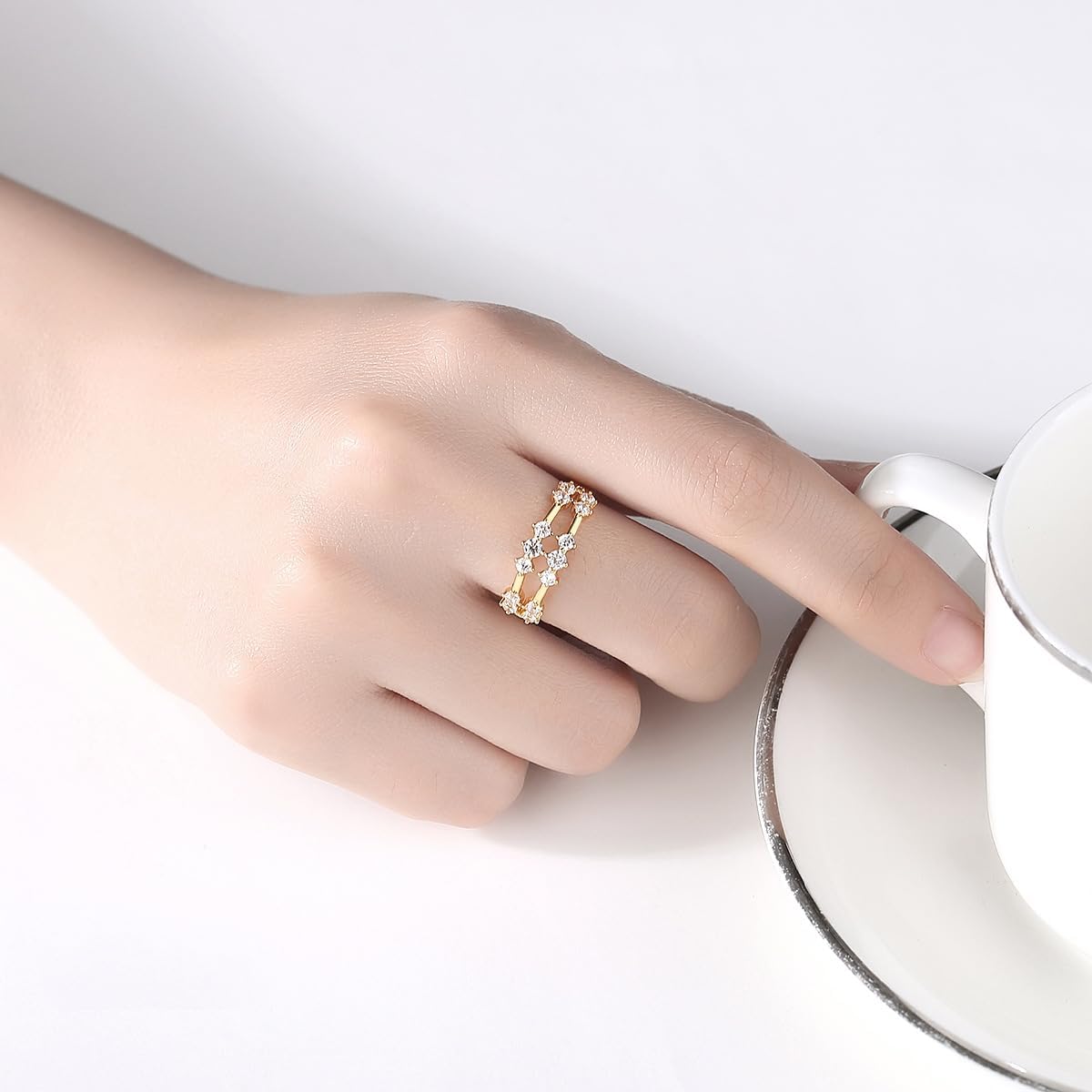 14K Gold Wedding Rings for Women, Double Row of Round Moissanite Promise Rings, Love Gifts for Her - Image 3