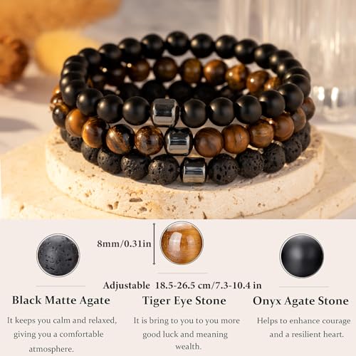 MOROTOLE Mens Beaded Bracelet Tiger Eye 8MM Natural Stone Beads Bracelet Set Adjustable Stretch Lava Rock Bracelets for Men Black Crystal Beaded Bracelets for Men Father Boyfriend Brother Gifts3