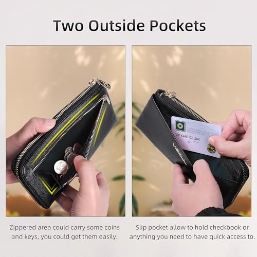 VISOUL Womens Leather Long Zip Around Clutch Wallet with Coin Pocket 12 Card Slots, Slim Thin RFID Blocking Cash Wallets for Women Large Capacity Organizer (Black and Black)4
