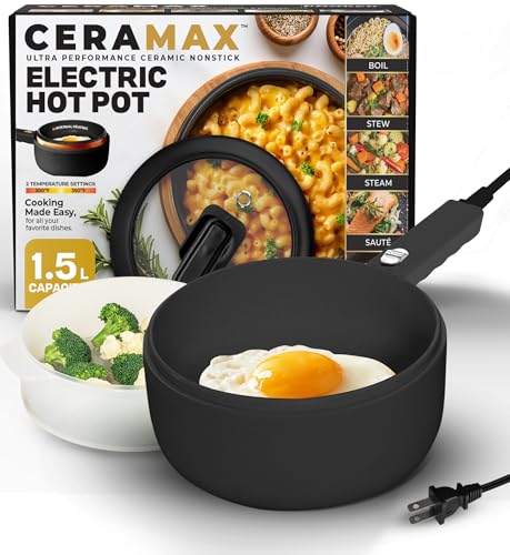 Ceramax PRO Electric Hot Pot with Lid and Steamer, 1.5L Non Toxic Ceramic Cooker Skillet for Ramen, Eggs, Pasta Portable and Compact for Dorms, Camping, RVs, Work, Adjustable Temperature