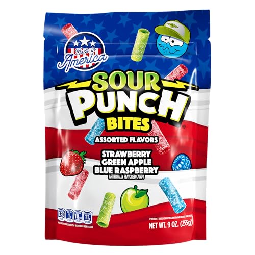 Sour Punch Bites, Blue Raspberry, Apple & Strawberry Flavors, Soft & Chewy Candy, 9oz Bag (12 Pack)