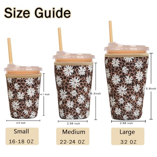 Image of Reusable Insulated Sleeve for Iced Coffee Cup, 3-Pack Coffee Neoprene Drink Sleeve for Cold & Hot Drinks, Beverage Holder for Iced Coffee (Leopard Daisies)