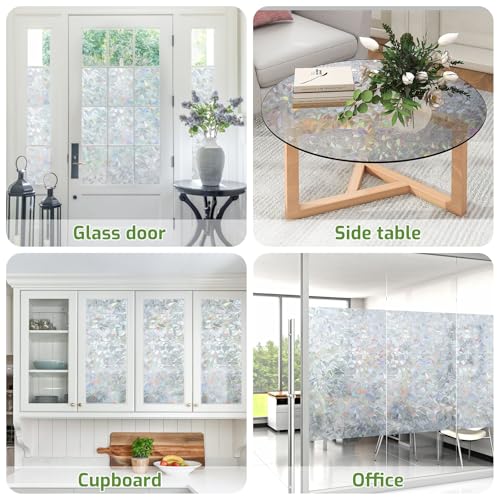 Image of LUTE Rainbow Window Privacy Film, Stained Cling, Silver, 17.5 inch x 118.1 inch | 3D Decorative Non-Adhesive Vinyl, Static Cling Removable Glass Stickers, Sun UV Blocking Decal Covering for Home Office