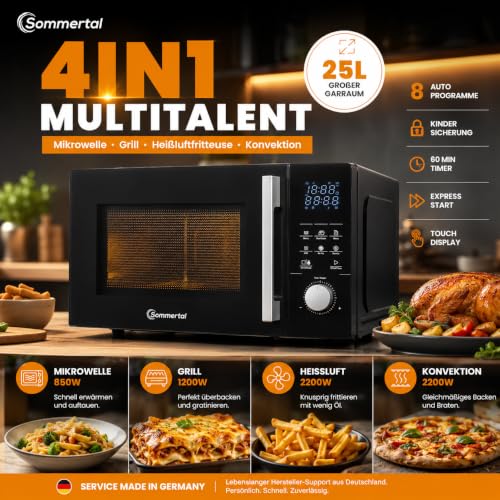 Sommertal 4in1 Mikrowelle 25L | 2200W, Grill, Airfryer, Touch, 8 Programme | Heißluft-Fritteuse & Konvektion, 60 Min Timer, Kindersicherung, Express-Start, Schwarz, Tischmikrowelle, inkl. Crisp-Pfanne – Bild 3