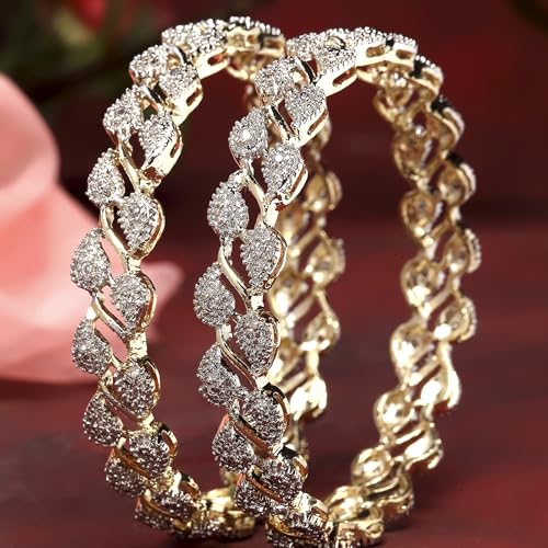 Image of ZENEME Leaf Shaped American Diamond Gold Plated Bangles Jewellery For Women & Girls (2.6)