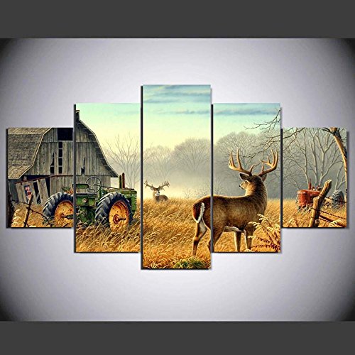 Wniun Art Canvas Paintings Living Room Wall Art Framework Hd Prints 5 Pieces Animal Whitetail Deers Poster Home Decor Farm House Pictures,Size 3,With Framed #TOP1