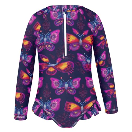 ALAZA Neon Butterfly Black Girls One Piece Swimsuit Long Sleeve Rash Guard Swimsuits UV 50+ Swimwear Zipper2