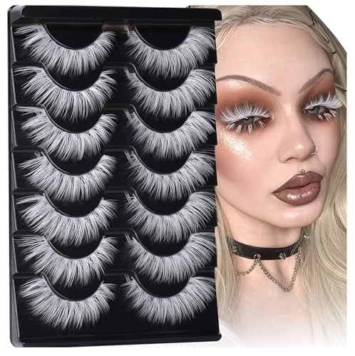 wiwoseo White Lashes Natural Look Eyelashes Halloween White Eyelashes Cat Eye Lashes Clear Band Lashes Halloween Cosplay Lash Extensions Wispy False Lashes 7 Pairs