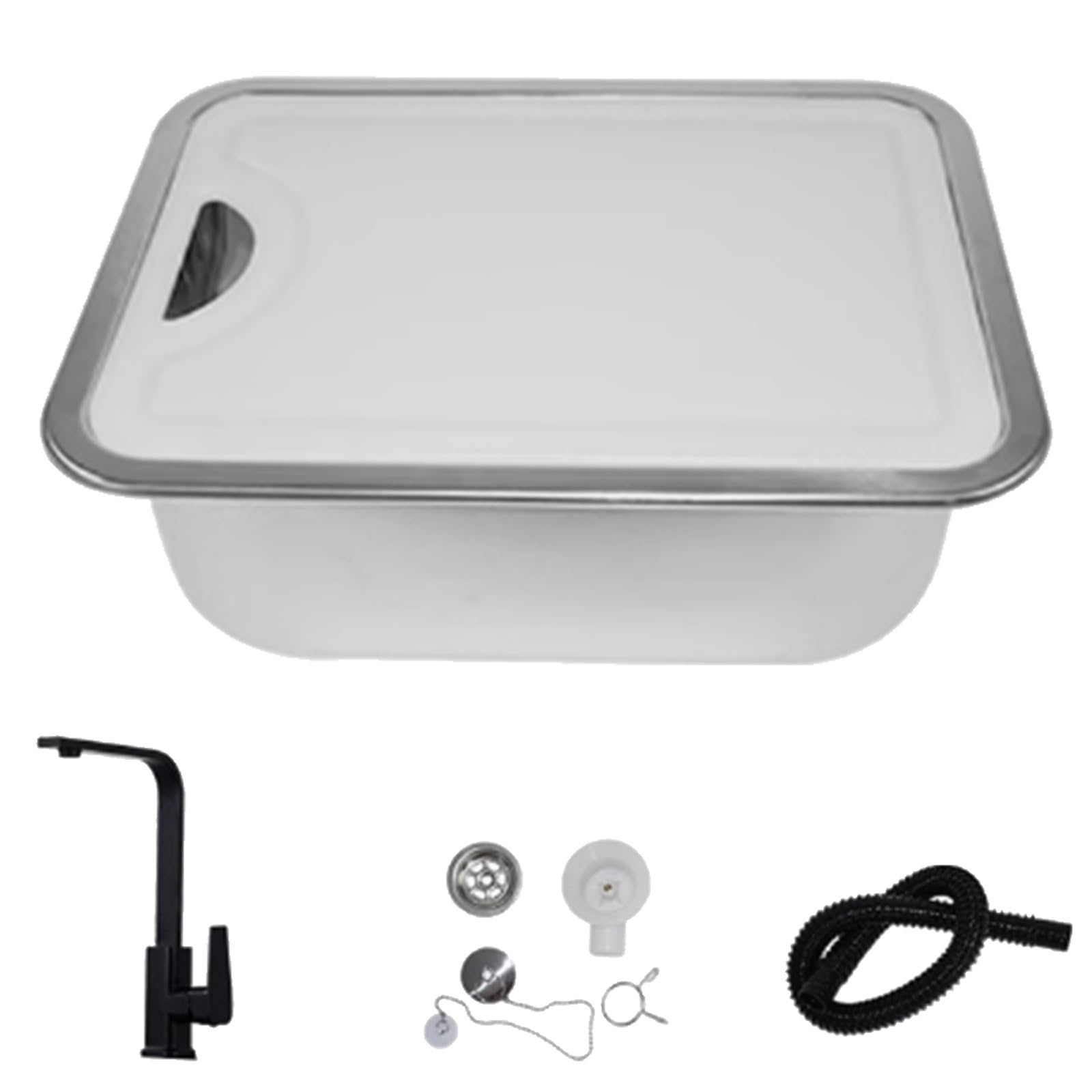 Kit de Fregadero para Autocaravana, con Grifo y Tapa de PE, Fregadero de Acero Inoxidable, con Desagüe, 380 X 280 X 145 Mm, para Autocaravanas, Remolques de Viaje, Yates, Bajo Desagüe(Silver)
