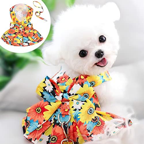 Dog Easter Dress, Floral Dog Harness Dress,Summer Spring Dog Clothes for Small Dogs Girl, Cat Apparel, Orange, Large