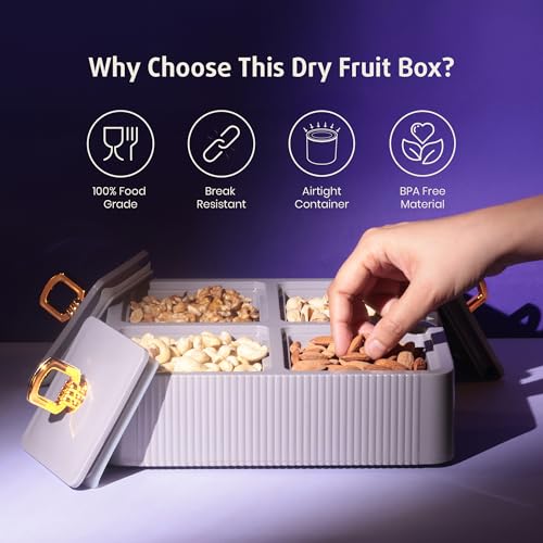 Image of Selvel Global Square Dryfruit Box with 4 Compartments | Airtight Multi-Purpose Storage Box with Tray & Lid | Ideal for Diwali Gifting | 500ml Each | BPA-Free (Lid Grey)