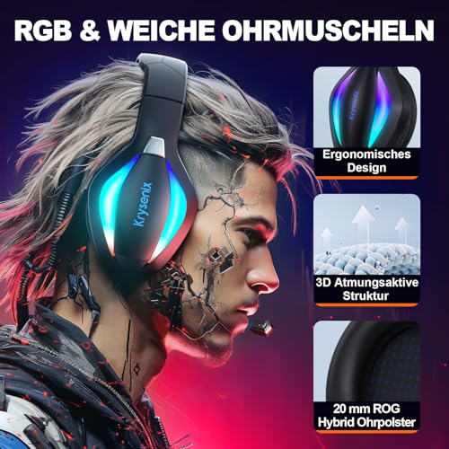 PG1 RGB Gaming Headset für PS4, PS5, PC, Nintendo Switch, Xbox, Headset mit Mikrofon, Gaming Kopfhörer mit Mikrofon, Noise Cancelling Kopfhörer mit 3.5mm Klinke Schwarz/Blau – Bild 3