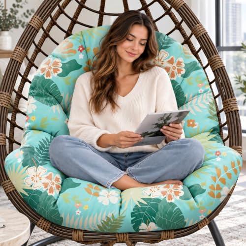 Tycdiose Egg Chair Cushion Replacement, Waterproof Outdoor Hanging Egg Swing Chair Cushions Pads, U-Shaped Thickened Cushions for Hanging Eggs Chair with Ties, 47x33x7 Inches (Cyan Floral Leaf)