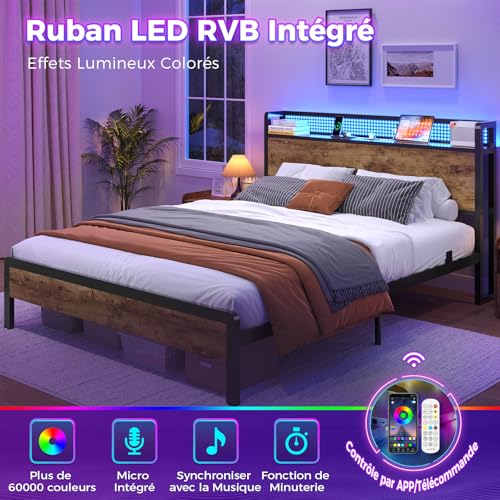 Lit 140x190 avec LED RGB, USB-C et rangement KIMENICH