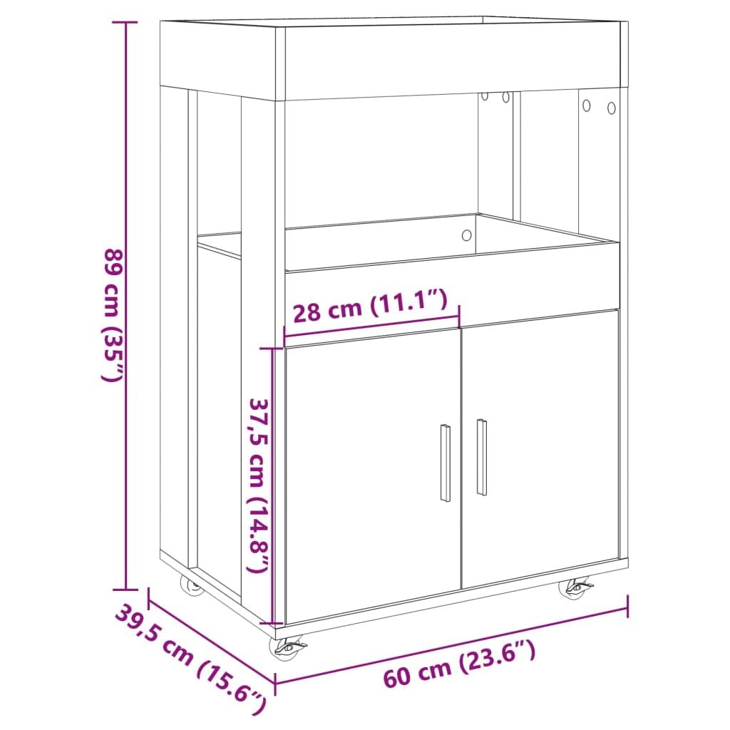 Carro de bar gris Sonoma 60 x 39,5 x 89 cm carrito de cocina con ruedas carro de servicio de madera Carrito auxiliar móvil para salón, cocina, comedor, carrito de té con 2 estantes