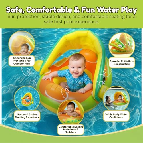 Image of Toy Imagine Baby Pool Float with Canopy & Sunshade, Inflatable Infant Swim Ring for Babies & Toddlers, Kids Swim Float Boat for Pool & Outdoor Water Play, 6-36 Months (71 x 56 cm)