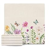 Coasters for Drinks, Daisy Flower Butterfly Mori Girl Style Set of 6 Absorbent Square Ceramic Stone Coaster Cork Base, Tabletop Protection Ceramic Coaster for Cafe Bar Home Decor