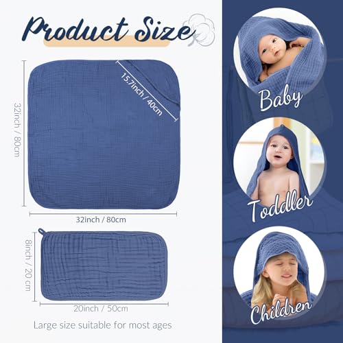 Image of VitalCozy 12 Pcs Baby Muslin Hooded Bath Towels and Washcloths, Muslin Hooded Baby Towels Absorbent Blankets for Gift Newborn Infant Shower (Blue Style)