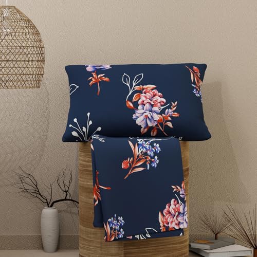Image of Layers Emaline 100% Cotton Single Bedsheet Set (Oeko Tex Certified) | 1 Single Cotton Bedsheet & 1 Pillow Cover | Breathable & Anti-Wrinkle | 144 TC | (Floral Print, Blue)