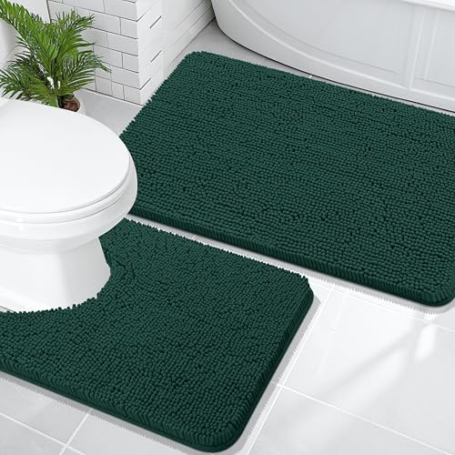 Image of OLANLY Bathroom Rugs Sets 2 Piece, Soft Absorbent Chenille Bath Mats and U-Shaped Contour Toilet Rug Set, Machine Washable Bath Carpet, Home Decor Accessories(36 inchx24 inch+24 inchx20 inch, Blackish Green)